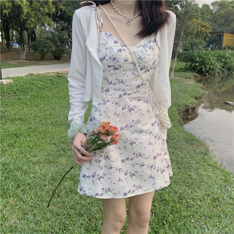 Set váy dây trắng hoa nhí tím áo khoác croptop ullzang