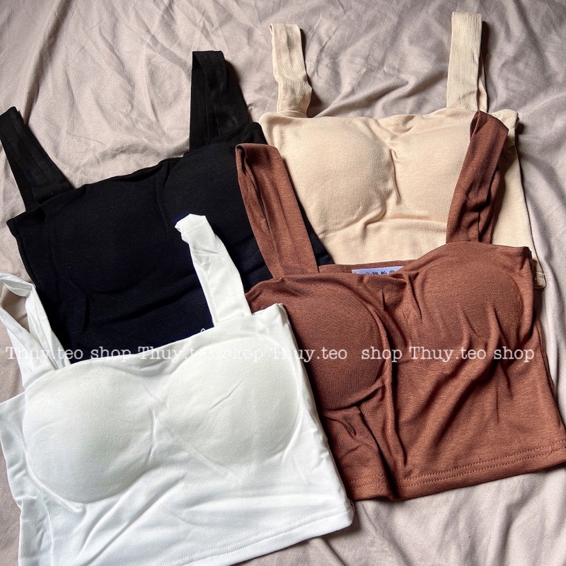 [HÀNG SẴN] Áo hai dây bản to croptop có sẵn đệm mút, áo bra nâu be đen trắng