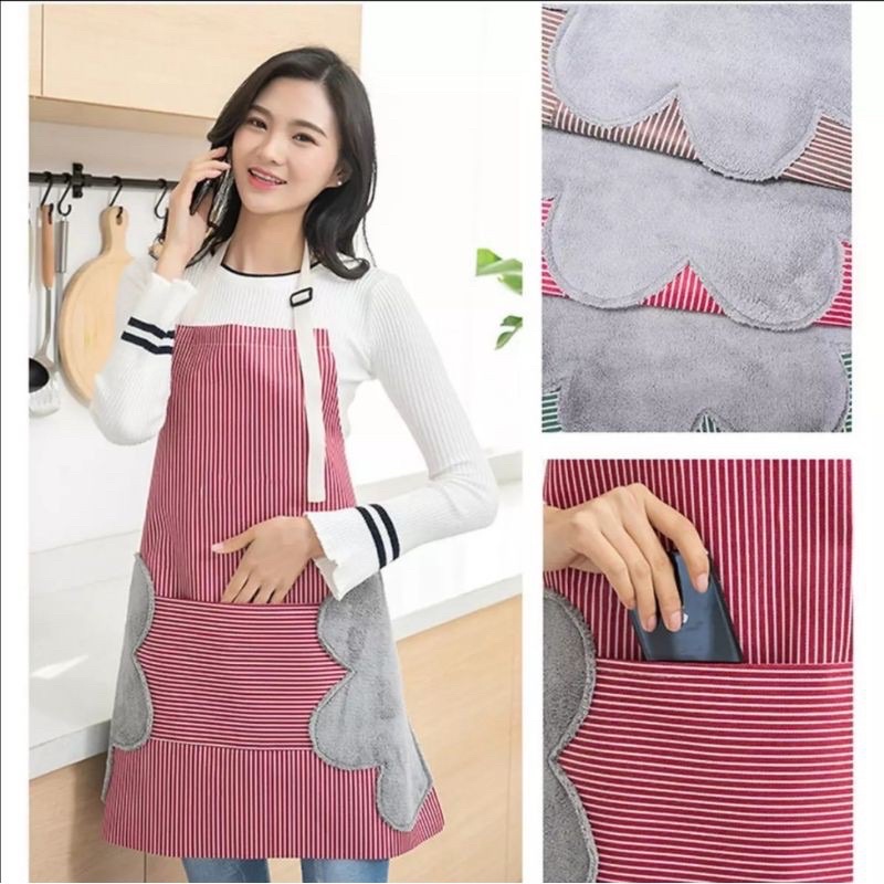 Tạp dề kẻ có túi và khăn lau 2 bên chống thấm