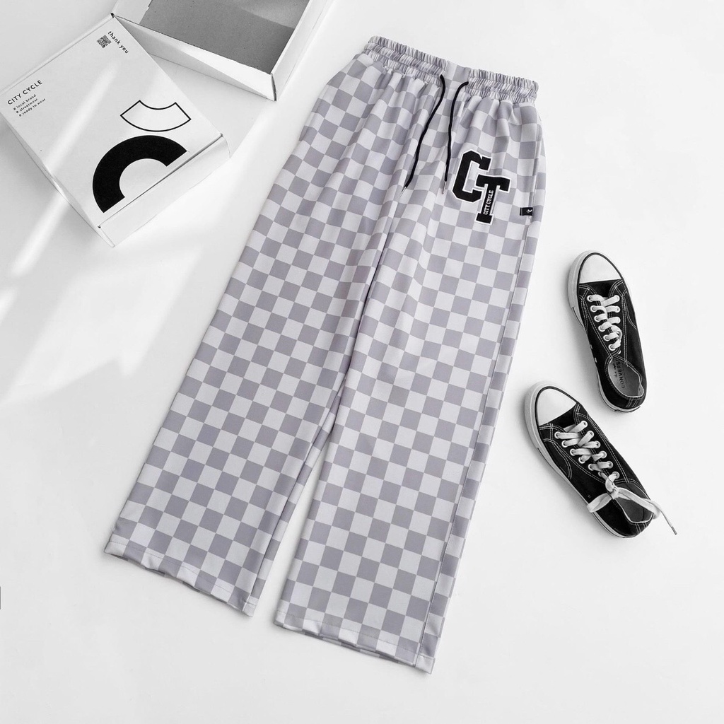Quần dài ống rộng họa tiết kẻ ô chess board Jiang Store - Quần thể thao ống suông unisex