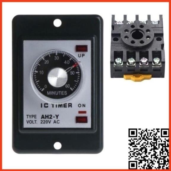 Timer cơ AH2-Y rơ le thời gian điện tử có tai điện áp 220VAC lắp mặt ngoài tủ điện tặng chân đế PF083A