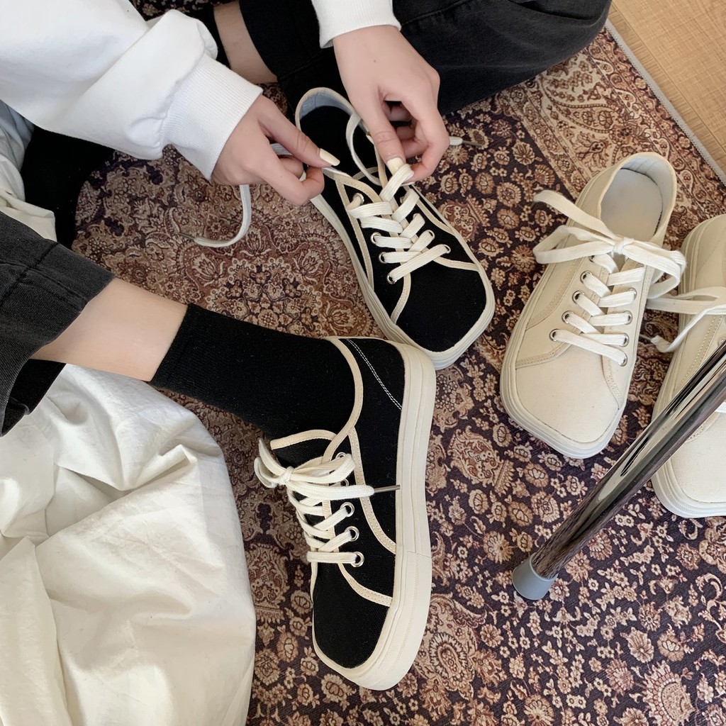 [ Mã 66CBSALE giảm 30K đơn 200K] Ulzzang Giày Canvas Mũi Vuông Thời Trang Năng Động Dành Cho Nữ
