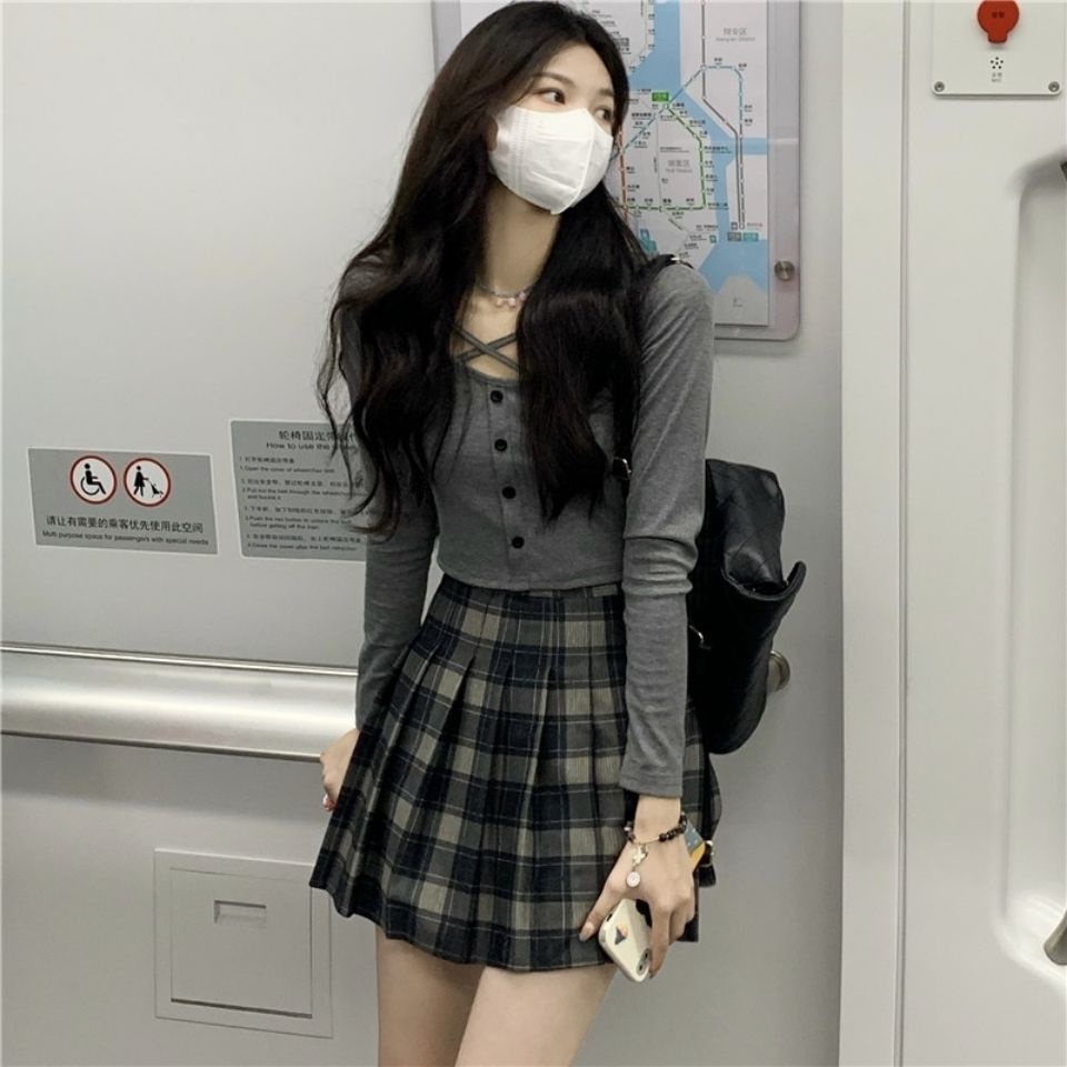 Set Áo Khoác cardigan Tay Dài Phối Chân Váy Sọc Ca Rô size Lớn Thời Trang Mùa Xuân Cho Nữ