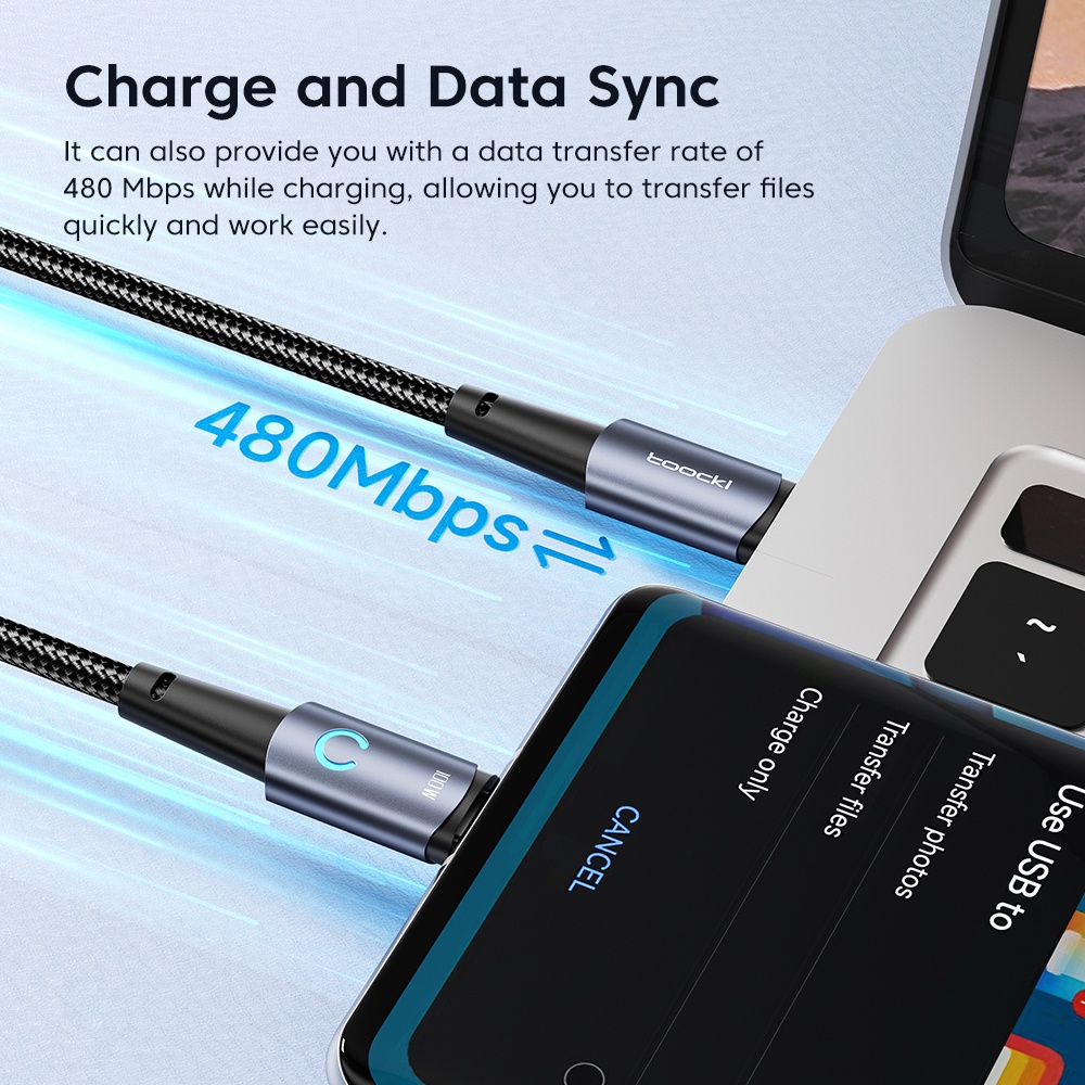 Cáp sạc nhanh Toocki đèn LED USB Type C 100W PD60W USB-C cho Xiaomi Samsung