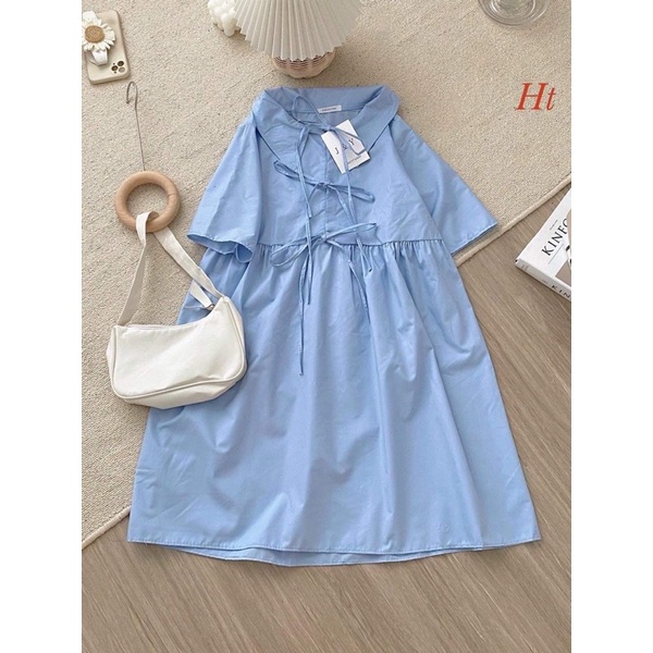 Váy baby doll xanh 3 hàng nơ H2V566