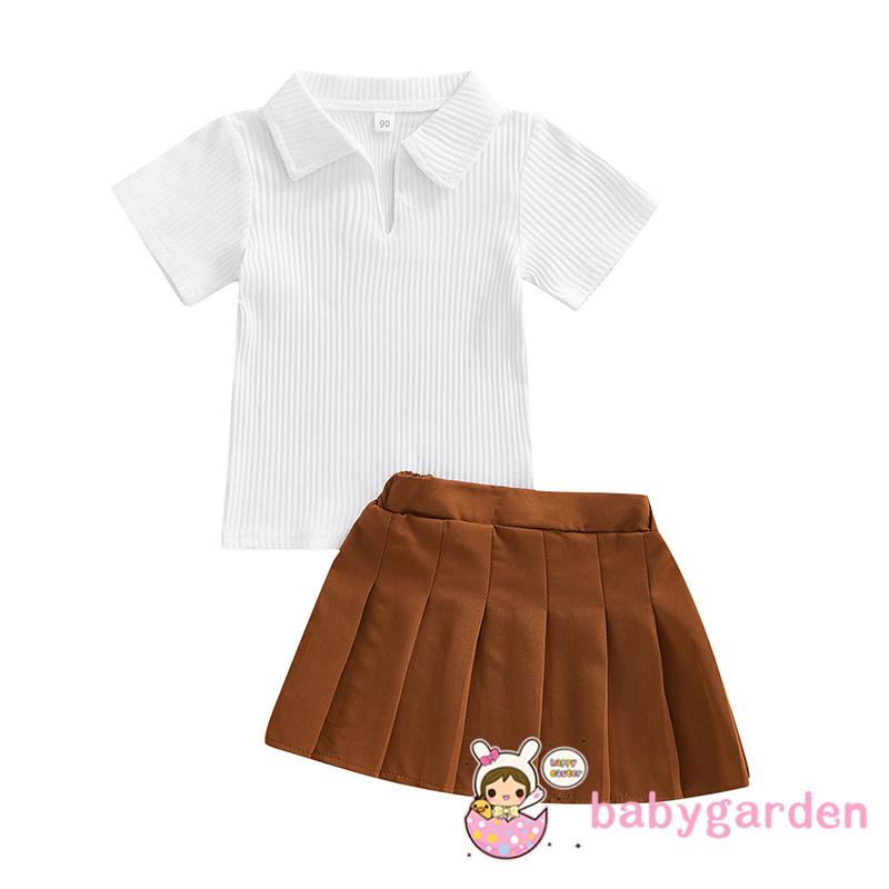 Set Áo Thun Ngắn Tay Cổ Chữ V Kèm Chân Váy Xếp Ly Cho Bé Gái 1-6 Tuổi