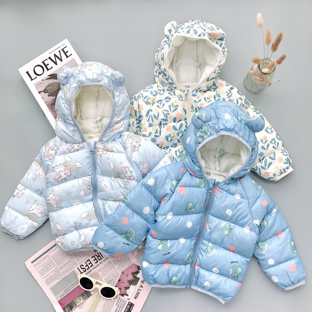 [ Hàng QCCC] Áo khoác trẻ em, áo phao tai gấu hoạ tiết xinh xắn cho bé trai, bé gái (8-20kg)
