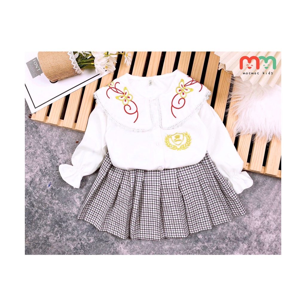 Set váy bé gái dễ thương áo sơ mi phối chân váy caro xếp ly liền quần chip trong chất kate nhập  cho bé 25kg đến 42kg