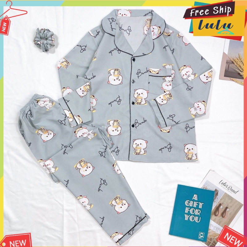 Bộ ngủ dài tay nữ vải kate Thái loại 1 freesize. Bộ ngủ pijama tay dài quần dài Lulu Shop