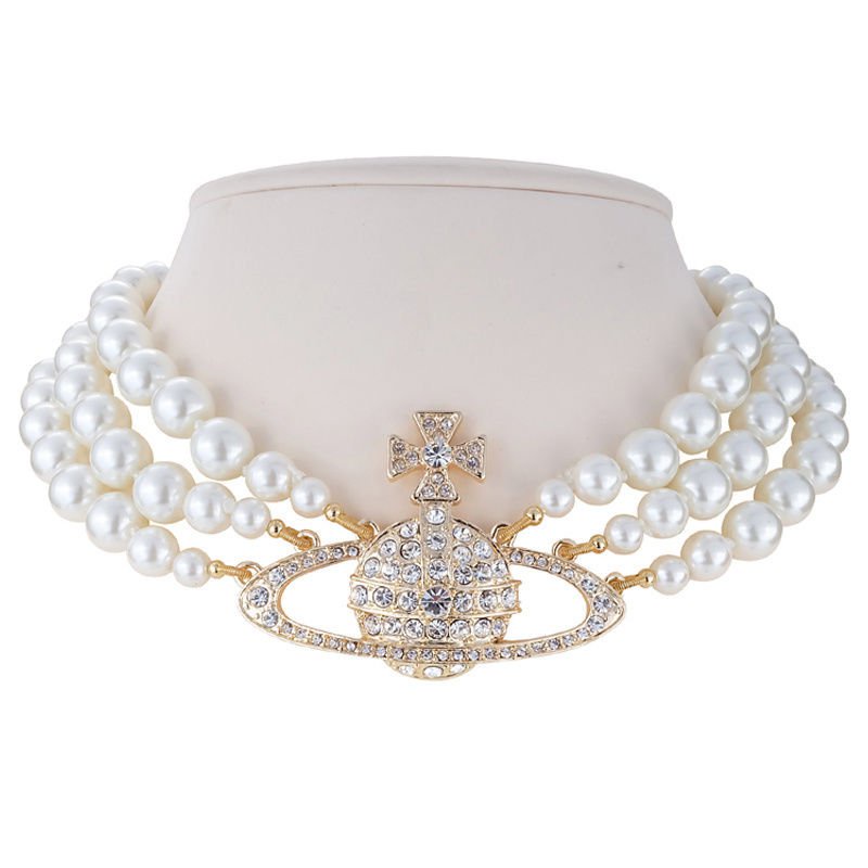 Vivienne West Vòng Cổ Ba Lớp Mặt Gỗ Kim Cương Saturn Ngọc Trai Saturn