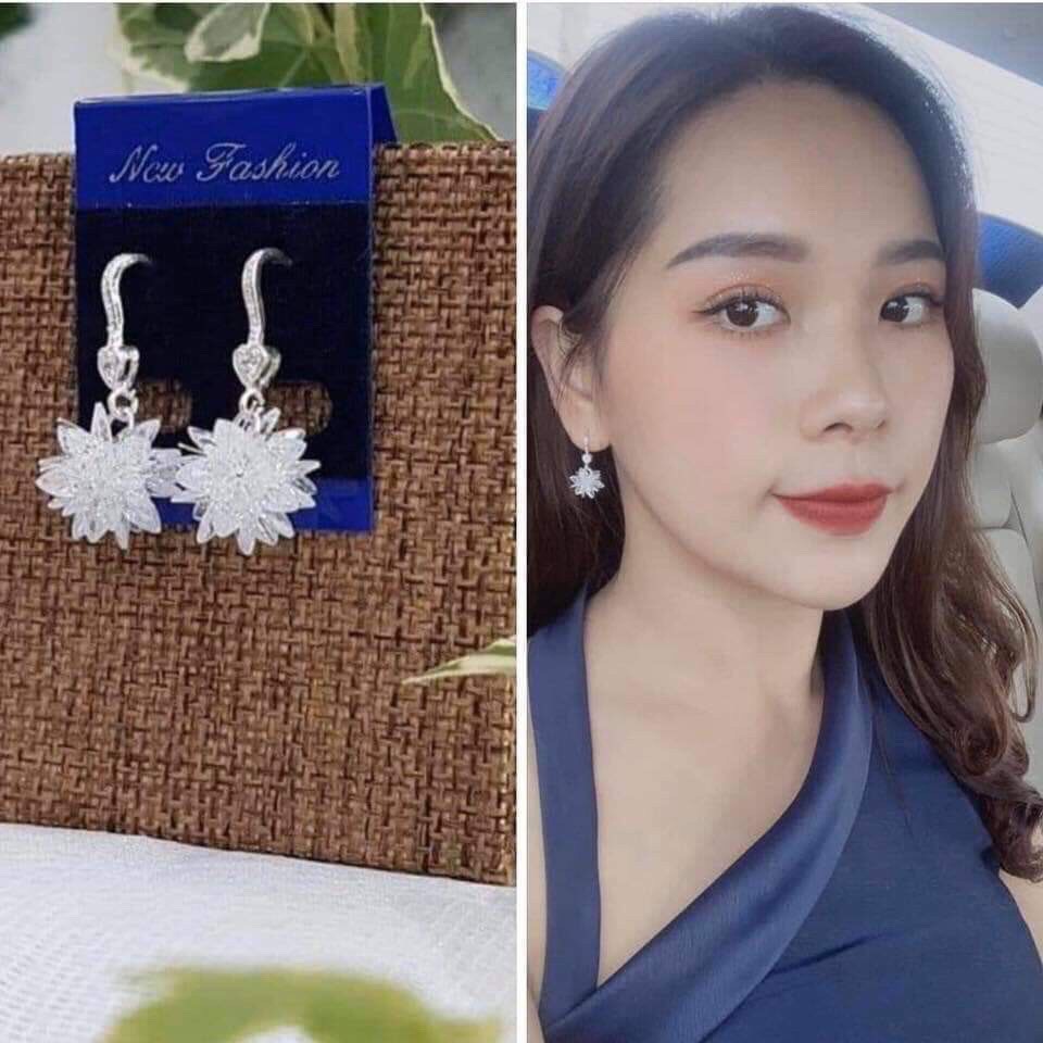 Bông tai móc tim gắn hoa chùm LINH'S MIU SILVER Bông tai bạc ta