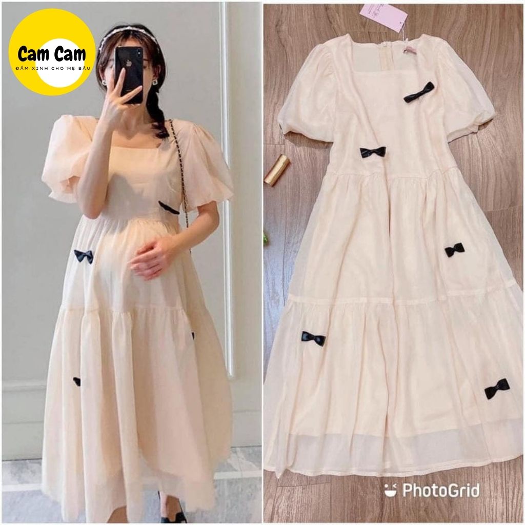Váy bầu, Đầm bầu công sở, dự tiệc nơ rơi sang chảnh voan 2 lớp, cổ vuông, 2 màu trắng, hồng