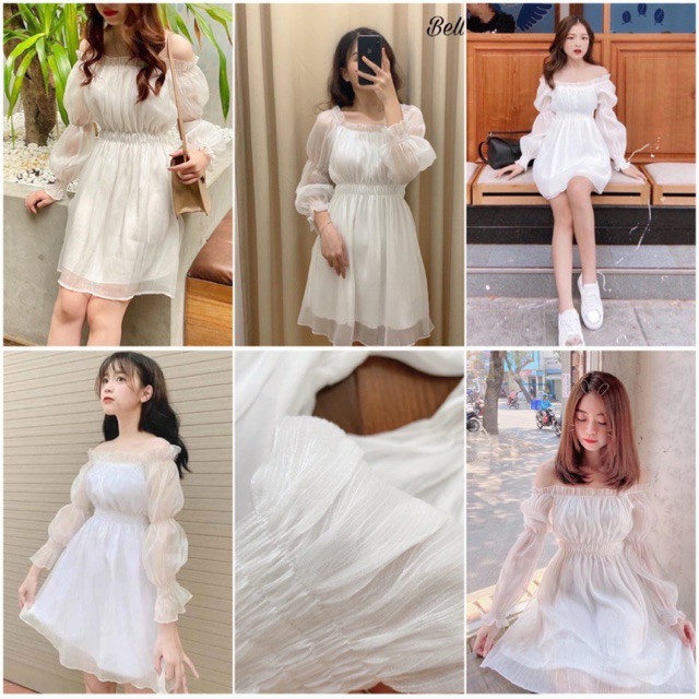 Đầm nhún eo trễ vai tơ gân 2 màu đen trắng- Wali Dress - dáng xòe xinh xắn - Freesize - Pink moon store | BigBuy360 - bigbuy360.vn
