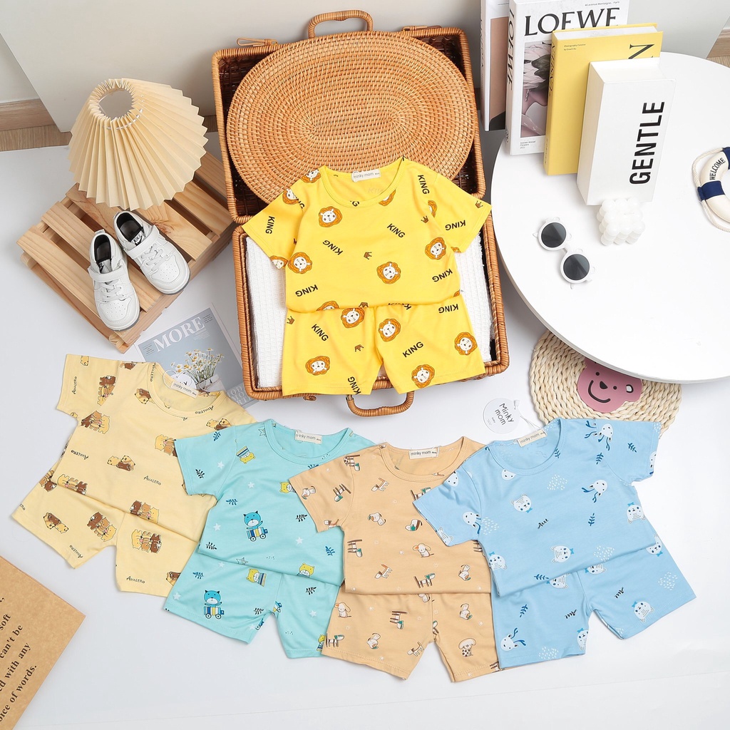 [Bé 7-19kg] Bộ ngắn tay thun lạnh Minky Mom in hình toàn thân cho bé gái bé trai từ 7-19kg