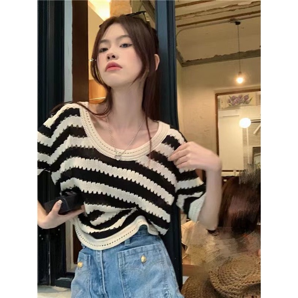COZOK Áo Thun Tay Ngắn Họa Tiết Kẻ Sọc Phong Cách Vintage Thời Trang Cho Nữ