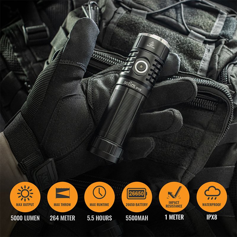 Đèn pin siêu sáng SOFIRN SP33S độ sáng 5000 lumen xa 264m LED CREE XHP70.2 pin sạc 26650 sạc Type-C