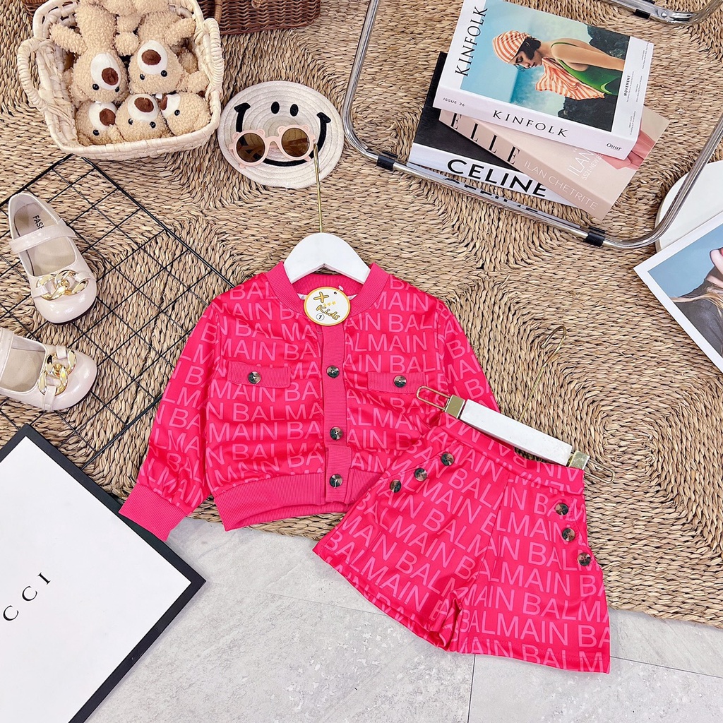 Set bé gái mầu hồng sen áo bo và quần đùi đính cúc XHN1061