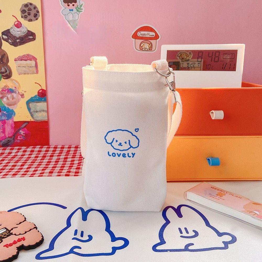 Túi Canvas Đeo Chéo Đựng Bình Nước In Hoạt Hình Dễ Thương