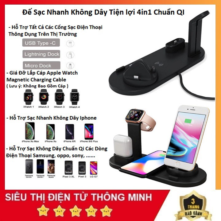 Đế Sạc Không Dây, Sạc Nhanh 4in1 Cho Apple Watch- iPhone- Airpods- Và Các Dòng Điện Thoại Hỗ Trợ Sạc Không Dây Chuẩn QI