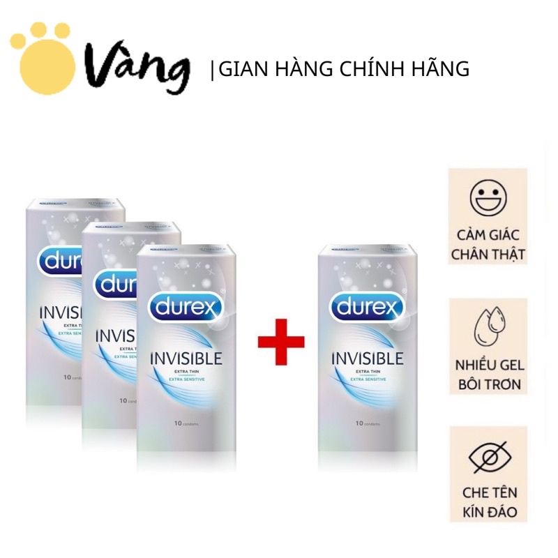 [Mua 3 Tặng 1] Bao Cao Su Siêu Mỏng Ôm Sát Cảm Giác Chân Thật Durex Invisible Hộp 10 Bao