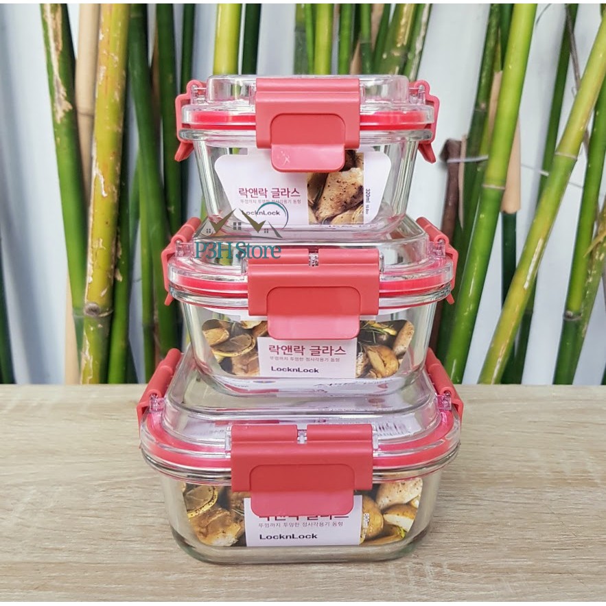 Hộp thủy tinh hình vuông Lock&amp;Lock nắp vòm nhựa tritan trong suốt dung tích 800ml LLG242, 520ml LLG239, 320ml LLG238