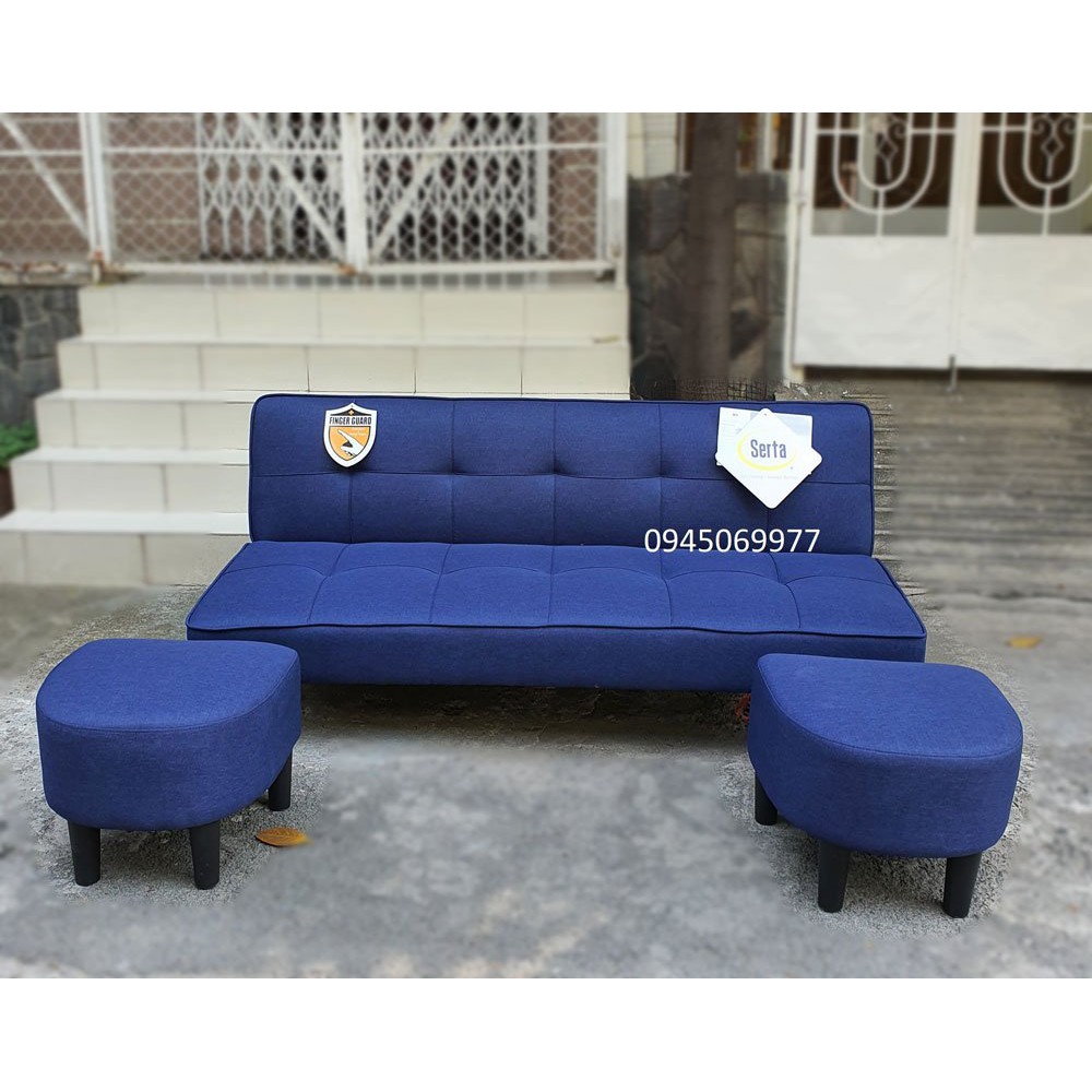 Bộ sofa bed kèm 2 ghế đôn con, Vải bố mịn, Màu xanh navy (Gía gồm 1 ghế dài và 2 ghế con)