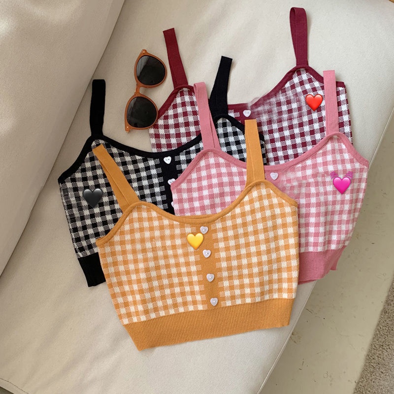 Áo Croptop Dệt Kim Sát Nách Phối Nút Họa Tiết Sọc Ca Rô Hình Trái Tim Thời Trang Quyến Rũ Cho Nữ