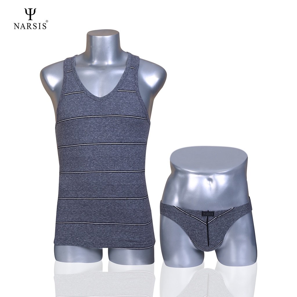 Bộ quần áo lót nam Narsis E3004 màu ghi kẻ trắng đen chất liệu Cotton  thông hơi  gồm 1 áo thun ba lỗ và 1 quần lót nam