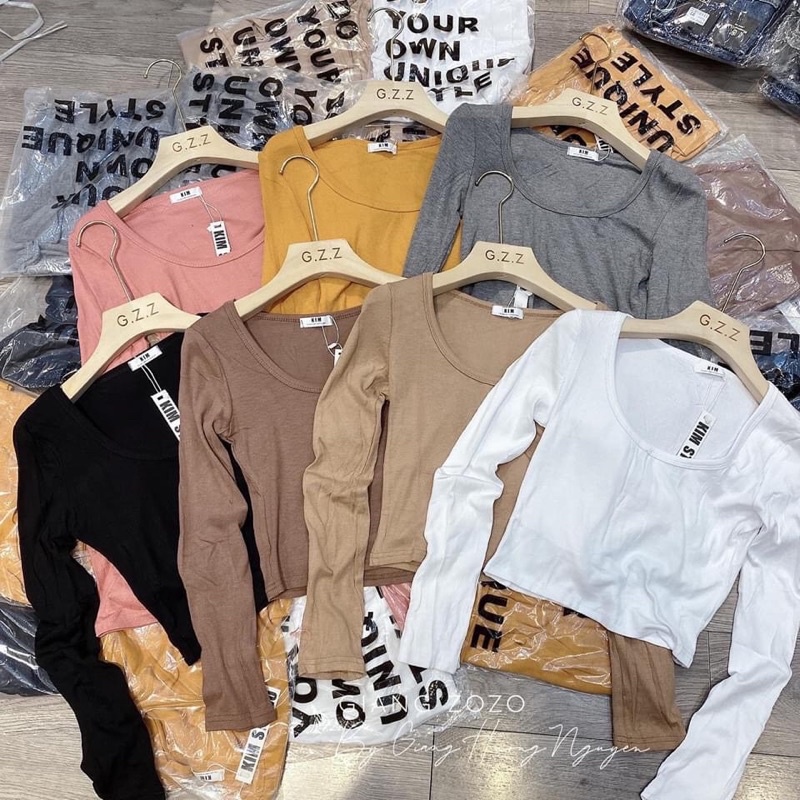 Áo croptop tay dài cổ vuông chất thun tăm co giãn ôm sát tôn dáng RUBI A073