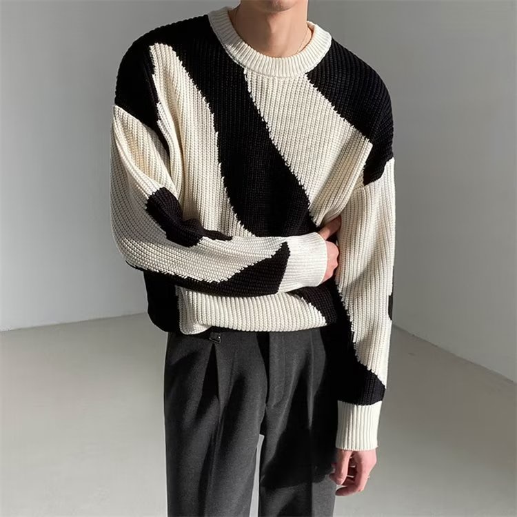 Áo Sweater Dệt Kim Dáng Rộng Màu Sắc Tương Phản Phong Cách Hàn Quốc Cho Nam Giới