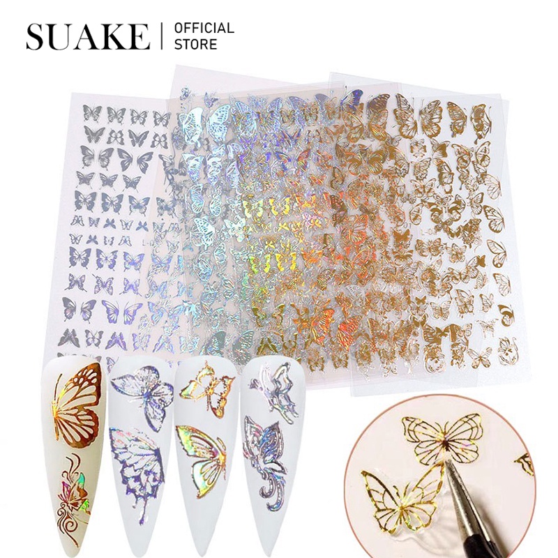 SUAKE nhãn dán Holographic laser bướm kim loại vàng/bạc trang trí móng nghệ thuật