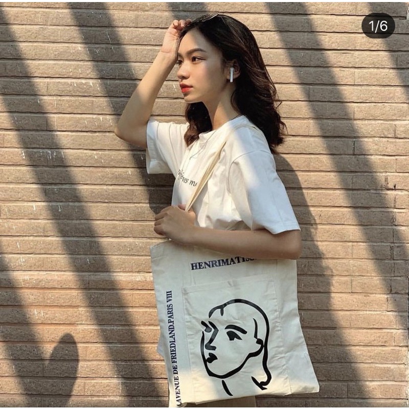 Túi Tote Vải Canvas Đeo Vai Phong Cách Vintage Hình Cô Gái