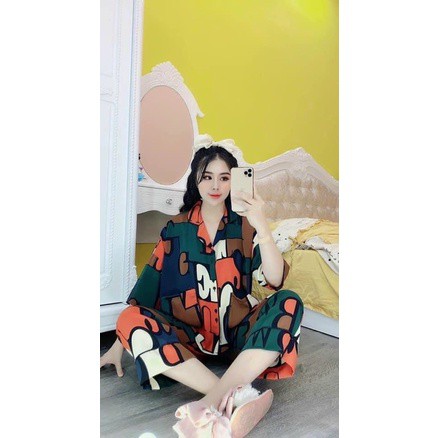 Bộ đồ Pijama bộ lụa cánh dơi quần dài hoạ tiết lụa mát mịn mặc nhà dễ thương