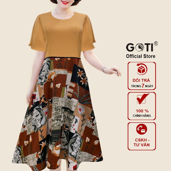 GOTI Đầm trung niên sang trọng cao cấp trẻ trung cho mẹ dáng xoè in hoa bigsize thiết kế 3337