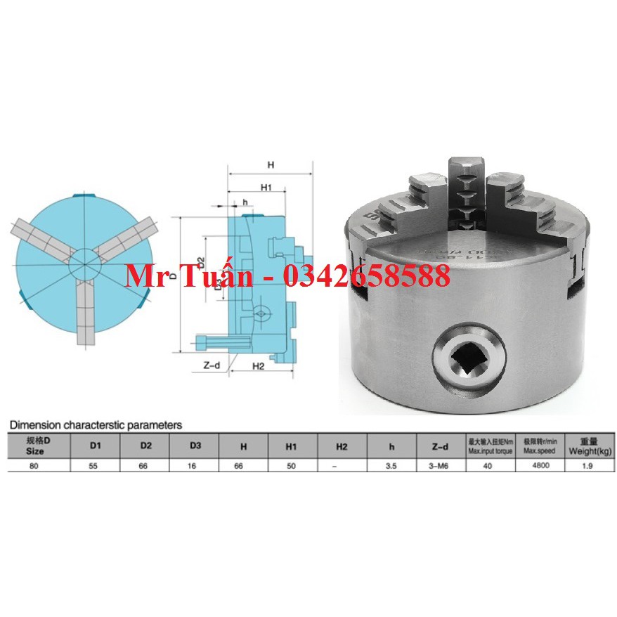 Mâm cặp 3 chấu 80mm