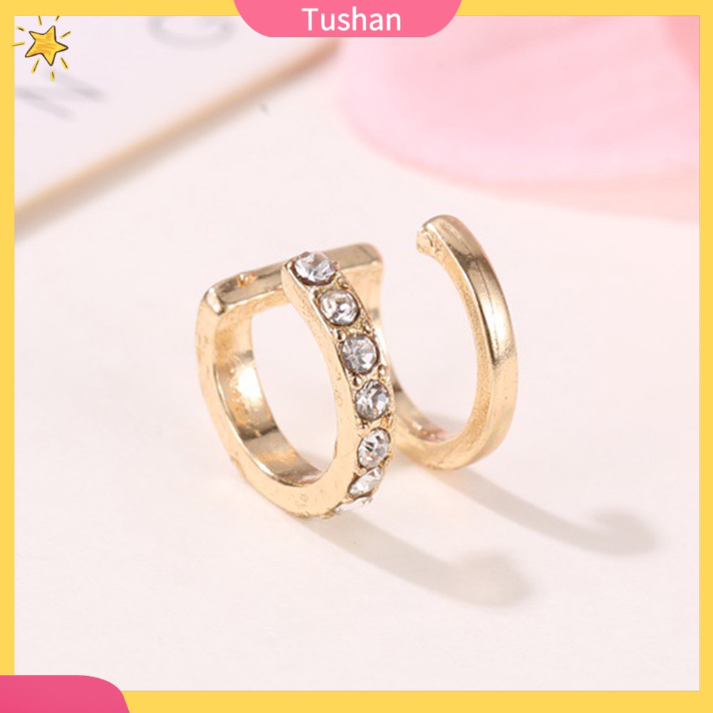 TUSH 1Pc Women Rhinestone Double Layer Ear Cuff Clip On Earring Non Piercing Jewelry