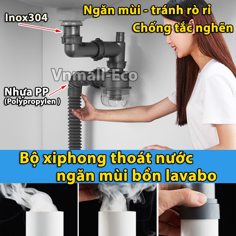 Bộ xiphong thoát nước ngăn mùi chống tắc nghẽn bồn lavabo, bồn rửa mặt
