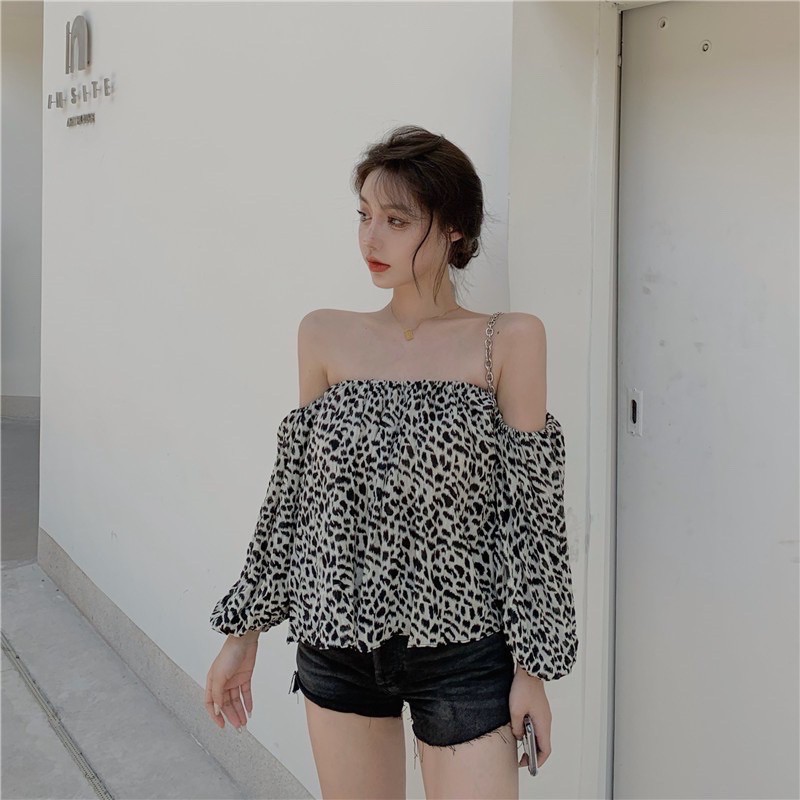 Áo kiểu nữ bẹt vai form rộng chất vải Voan phối beo