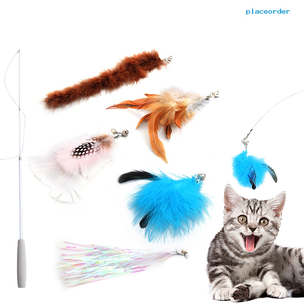 1 Set Đồ Chơi Cần Câu Cá Ba Phần Phối Lông Vũ + 5 Món Thay Thế Dành Cho Mèo Cưng