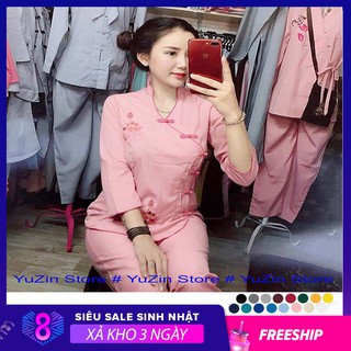 Đồ lam đi chùa - Bộ Phật Tử Cổ Tàu Cài Chéo Thêu sen Tay Lỡ giá rẻ - YuZin Store