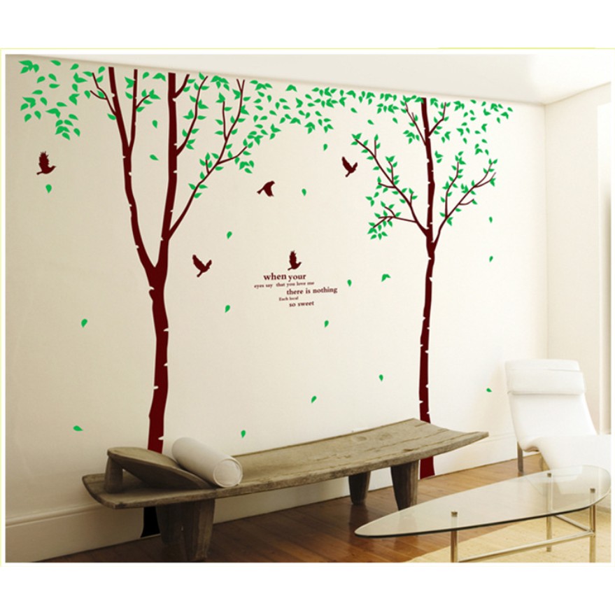 Decal trang trí tường - 2 Cây mỏng lá xanh nhí Chim Đen size lớn ( 3 tấm )