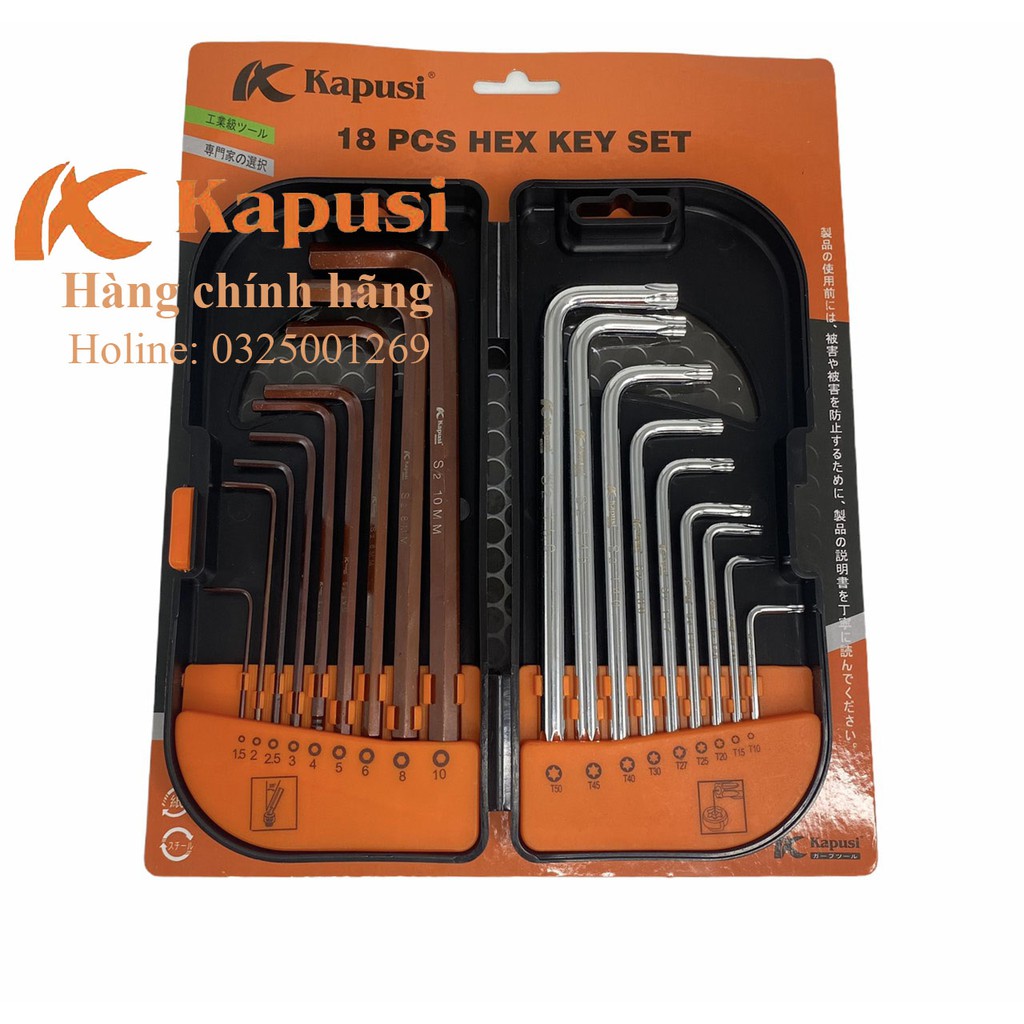 Bộ Lục Giác 18 chi tiết đầu bi và đầu sao Hãng Kapusi Nhật Bản, Bảo hành 12 tháng