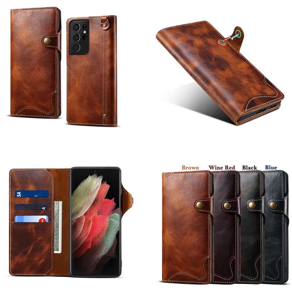 Samsung Galaxy S21 Series Vintage Genuine Leather Handmade Wallet Case Folio Cover，Real Leather Wallet Phone Case，Flip Folio Cover with Card Slot & Hand Strap