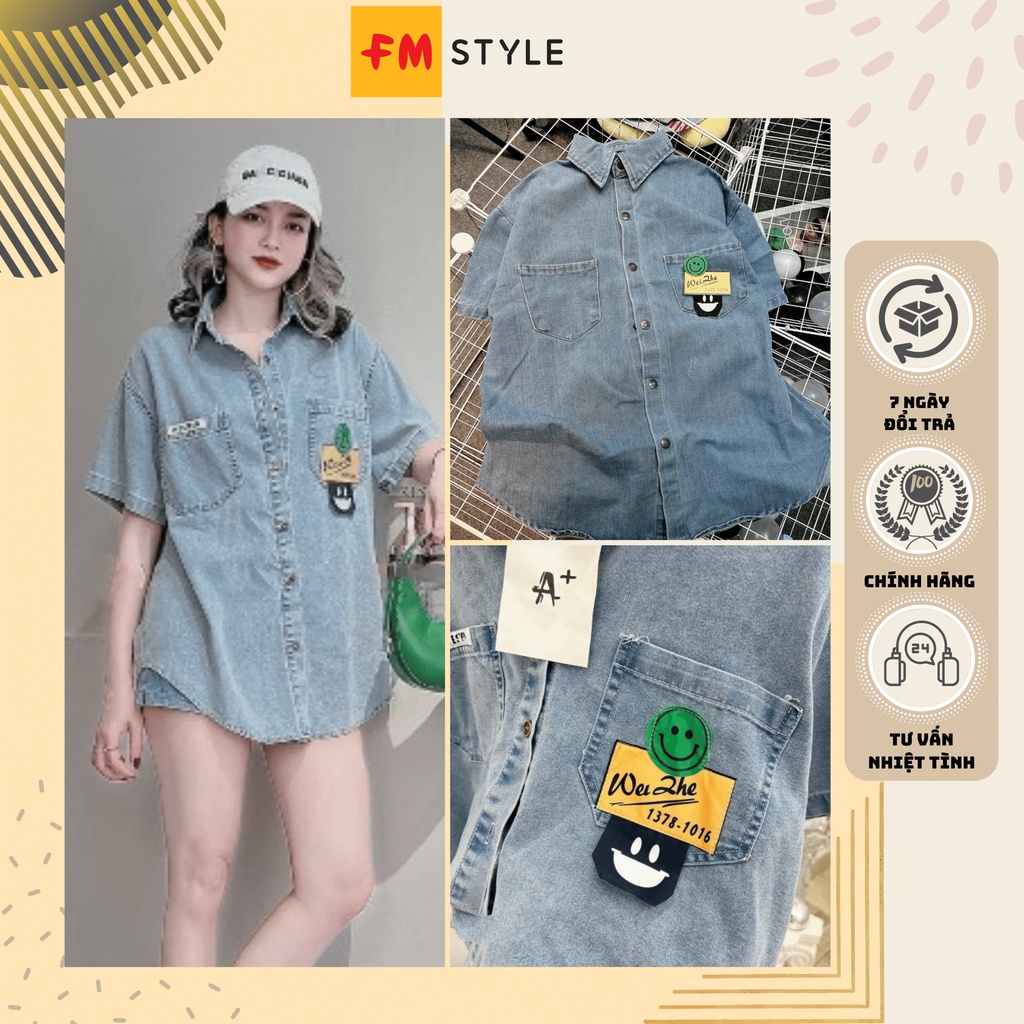 Áo sơ mi nữ jean form rộng thêu hình fmstyle, sơ mi nữ jean phong cách Hàn Quốc | Fmstyle Shop 22042