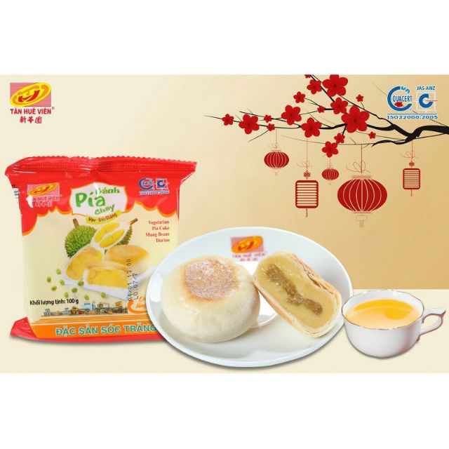 Bánh pía chay Bánh chay nhân đậu xanh sầu riêng Tân Huê Viên hộp 4 bánh gói 400g