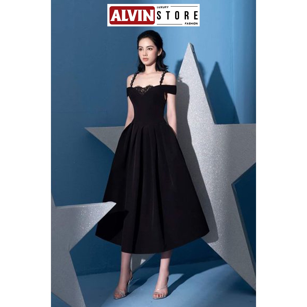 Đầm Dáng Xòe Vai Ngang Hai Dây Ngọc Phối Túi Sang Trọng Và Quyến Rũ Alvin Store 2904