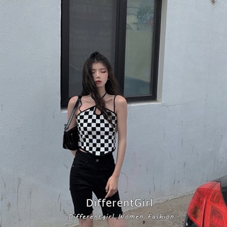 Áo Croptop Hai Dây Họa Tiết Sọc Caro Phong Cách Retro
