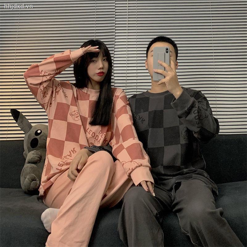 Bộ đồ ngủ tay dài in hình gấu dễ thương thời trang thu đông cho cặp đôi