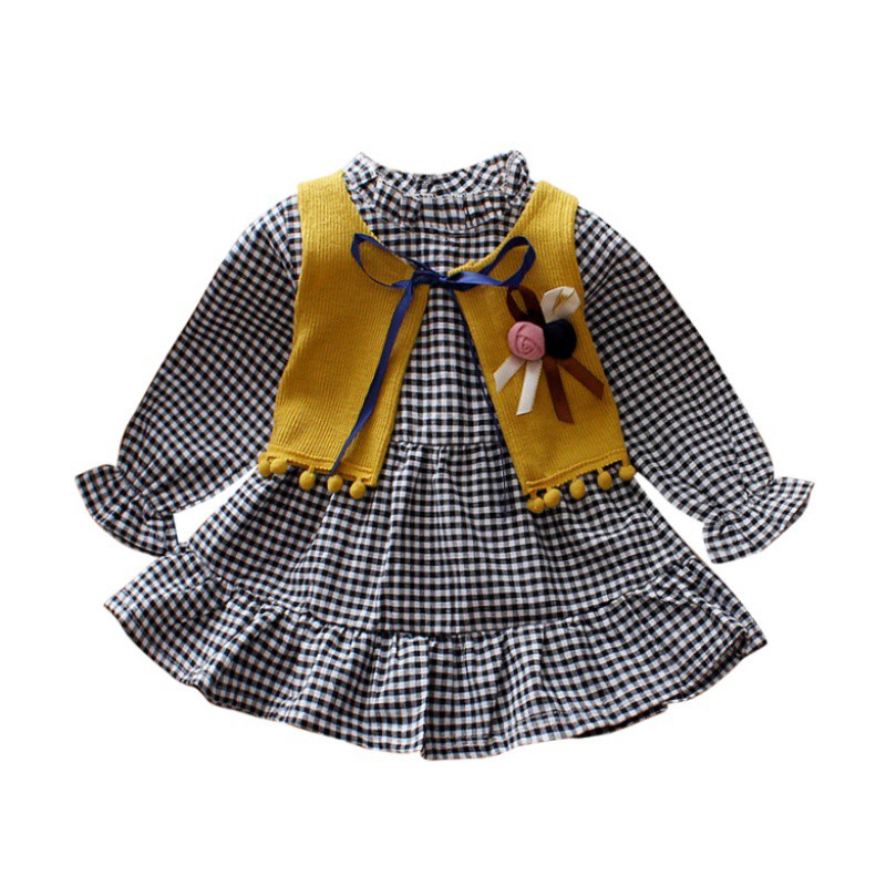 Đầm tay dài hoạ tiết sọc ca rô kèm áo khoác không tay cho bé gái