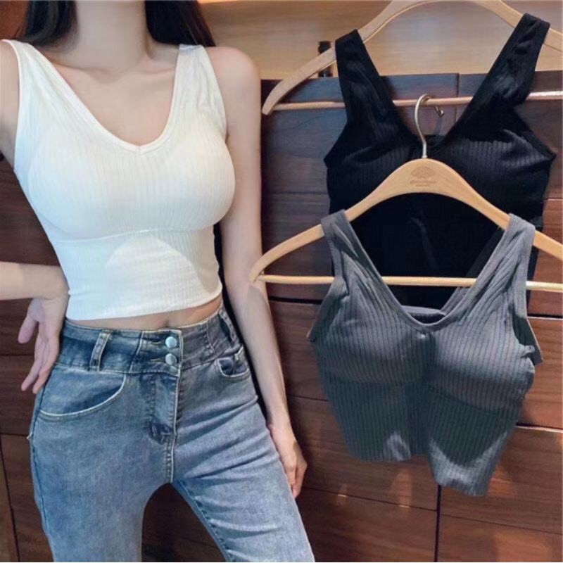 Áo Ngực Bra Len Tăm Thân Dài, Bra Tập Gym Thể Thao Phong Cách Hàn Kết Hợp Với Vest Khoác Ngoài Sang Chảnh V90